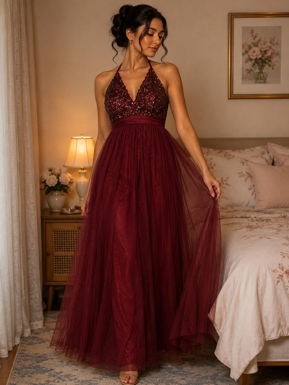 Elegant Burgundy Halter Evening Dress